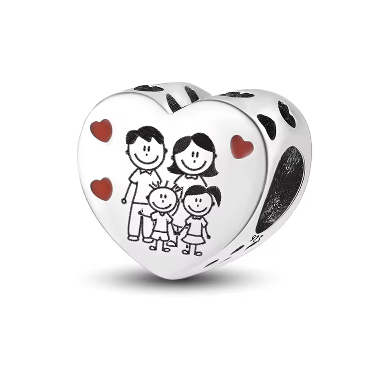Charm famille parent enfant coeur rouge argent pour bracelet
