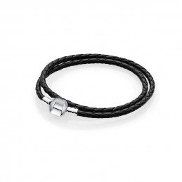Bracelet pour charm tréssé noir cylindre lisse argent