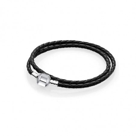 Bracelet pour charm tréssé noir cylindre lisse argent