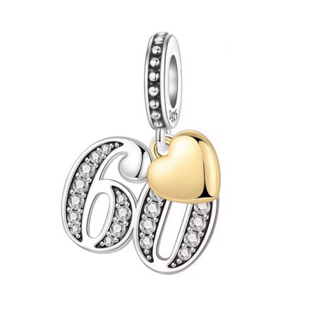 Charm age anniversaire 60 soixante coeur or strass blanc argent pour bracelet