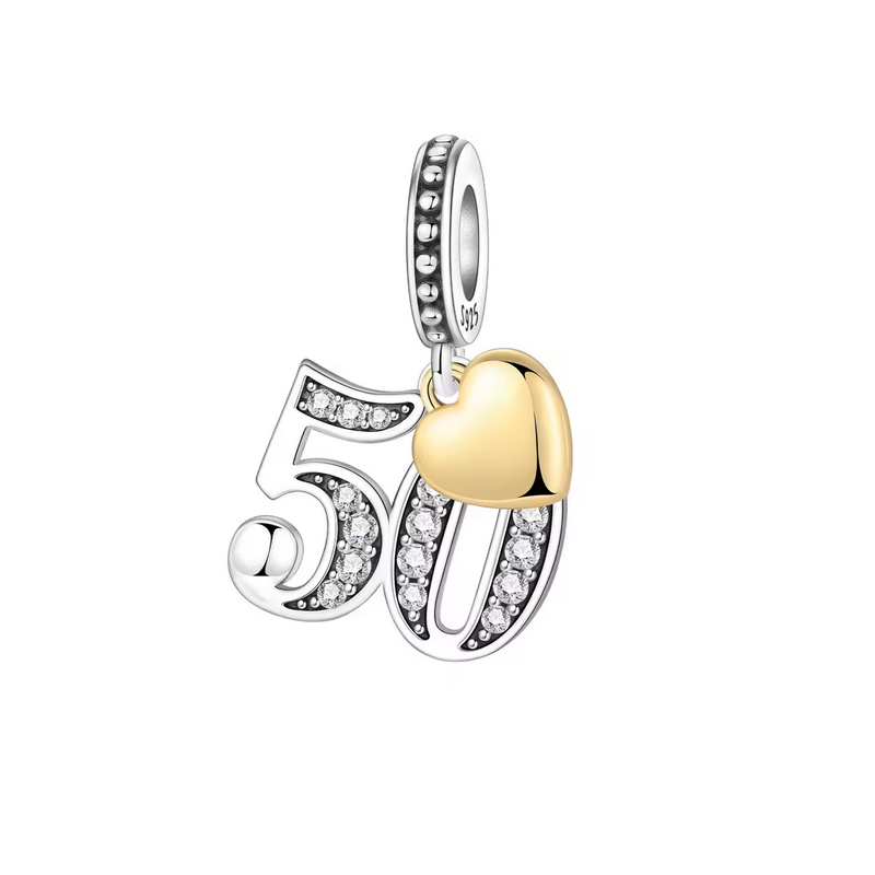 Charm age anniversaire 50 cinquante coeur or strass blanc argent pour bracelet