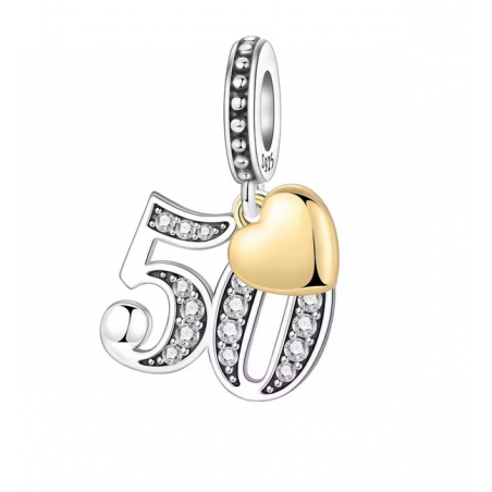 Charm age anniversaire 50 cinquante coeur or strass blanc argent pour bracelet
