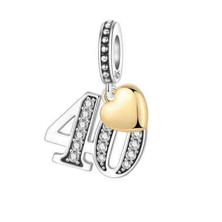 Charm age anniversaire 40 quarante coeur or strass blanc argent pour bracelet