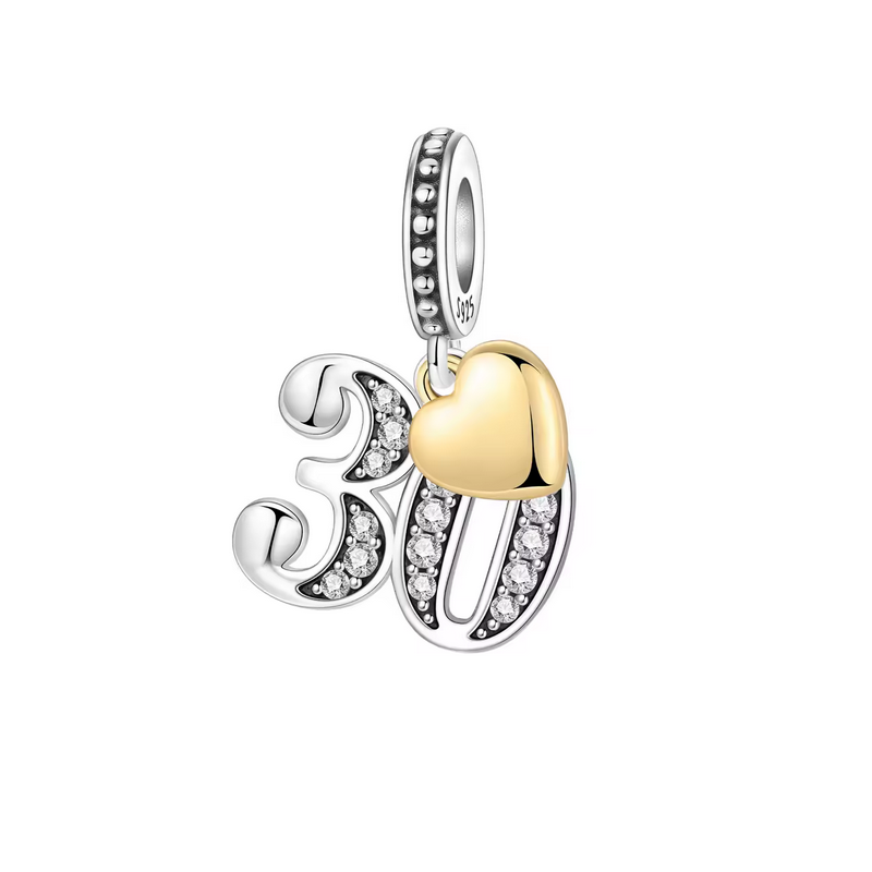 Charm age anniversaire 30 trente coeur or strass blanc argent pour bracelet