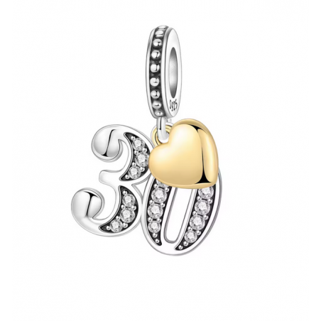 Charm age anniversaire 30 trente coeur or strass blanc argent pour bracelet