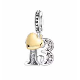 Charm age anniversaire 13 treize coeur or strass blanc argent pour bracelet