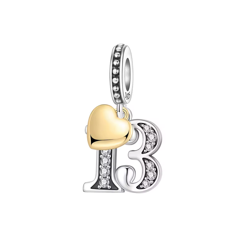 Charm age anniversaire 13 treize coeur or strass blanc argent pour bracelet