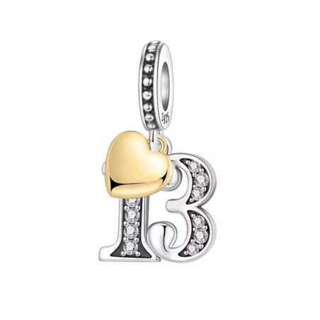 Charm age anniversaire 13 treize coeur or strass blanc argent pour bracelet