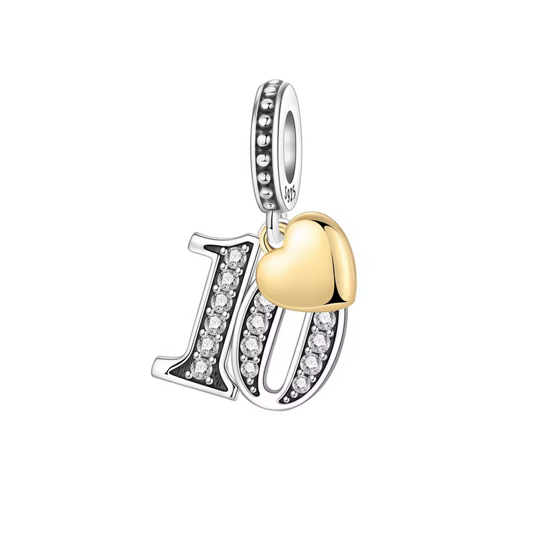Charm age anniversaire 10 dix coeur or strass blanc argent pour bracelet