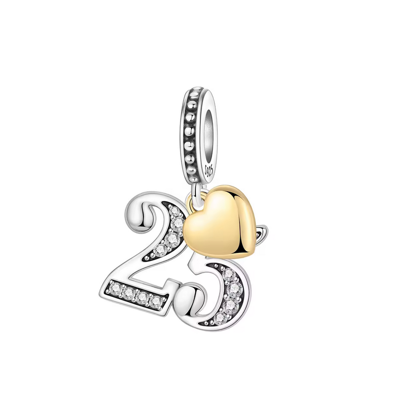 Charm age anniversaire 25 vingt cinq coeur or strass blanc argent pour bracelet