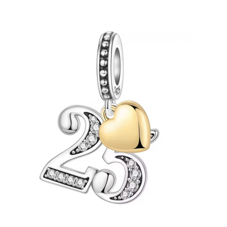 Charm age anniversaire 25 vingt cinq coeur or strass blanc argent pour bracelet