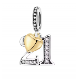 Charm age anniversaire 21 vingt et un coeur or strass blanc argent pour bracelet