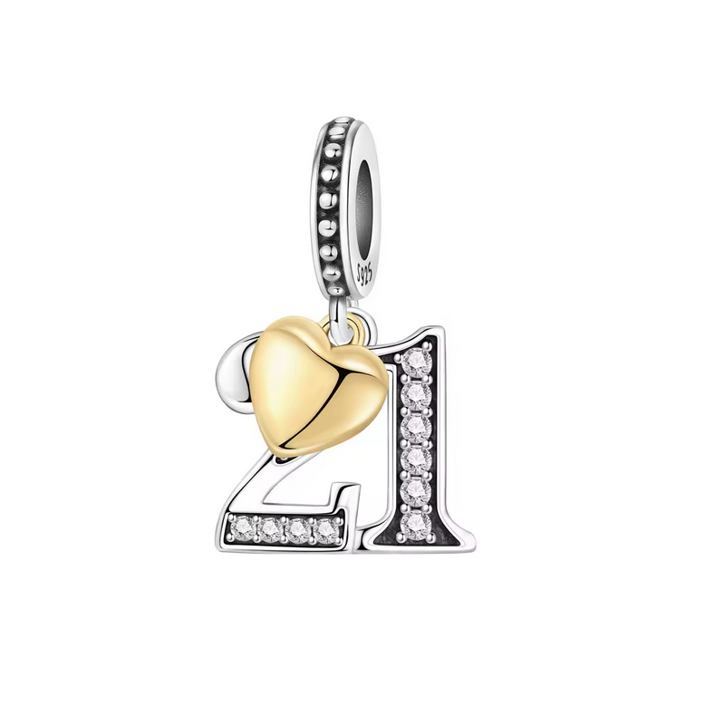 Charm age anniversaire 21 vingt et un coeur or strass blanc argent pour bracelet