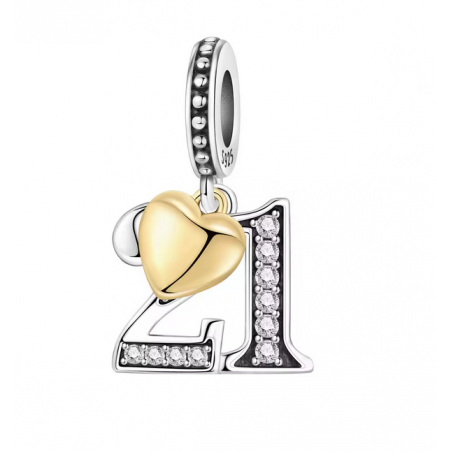 Charm age anniversaire 21 vingt et un coeur or strass blanc argent pour bracelet