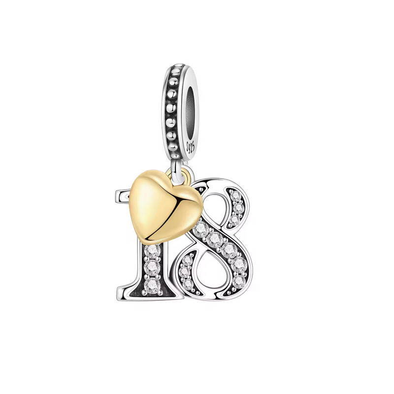 Charm age anniversaire 18 dix huit coeur or strass blanc argent pour bracelet