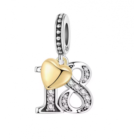 Charm age anniversaire 18 dix huit coeur or strass blanc argent pour bracelet
