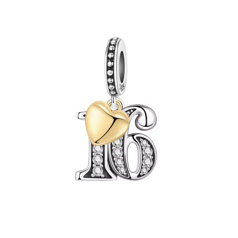 Charm age anniversaire 16 seize coeur or strass blanc argent pour bracelet
