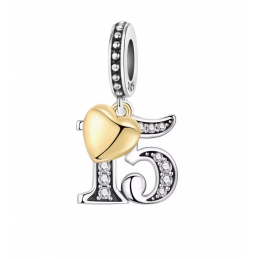 Charm age anniversaire 15 quinze coeur or strass blanc argent pour bracelet