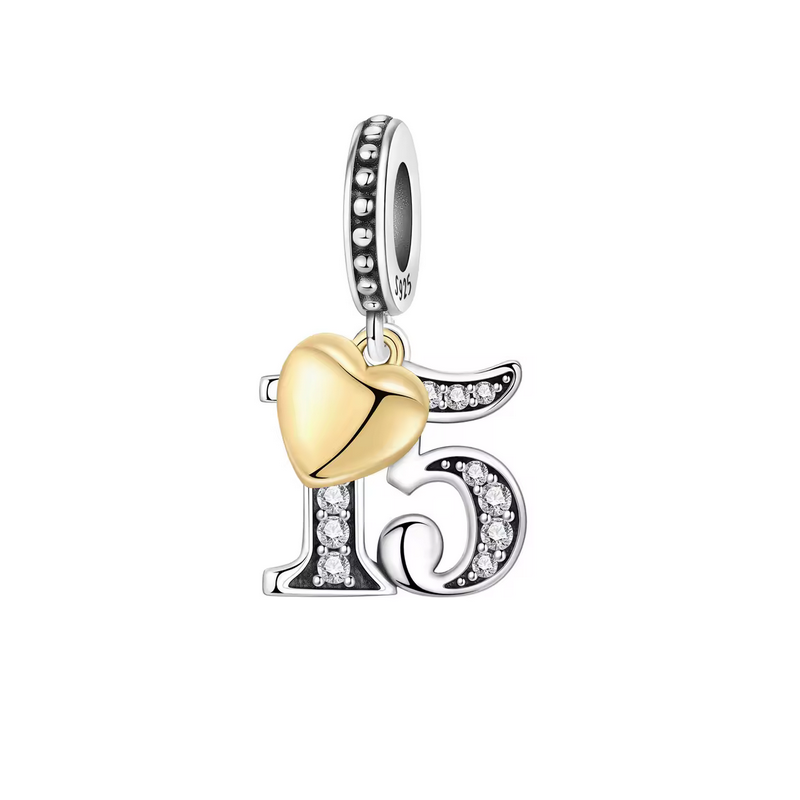 Charm age anniversaire 15 quinze coeur or strass blanc argent pour bracelet