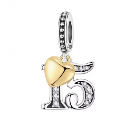 Charm age anniversaire 15 quinze coeur or strass blanc argent pour bracelet