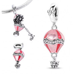 Charm montgolfière rose rouge strass blanc argent pour bracelet
