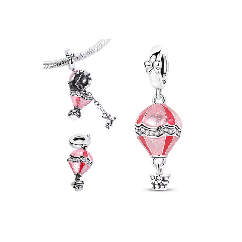 Charm montgolfière rose rouge strass blanc argent pour bracelet