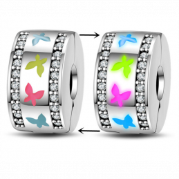 Charm séparateur clip phosphorescent papillon rose bleu vert argent pour bracelet