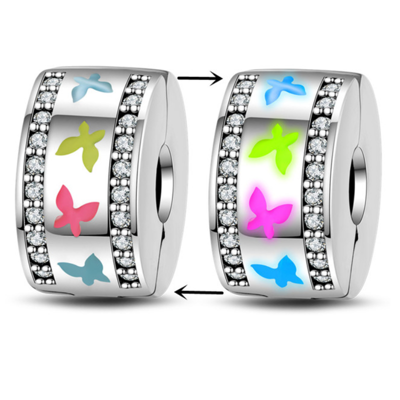 Charm séparateur clip phosphorescent papillon rose bleu vert argent pour bracelet