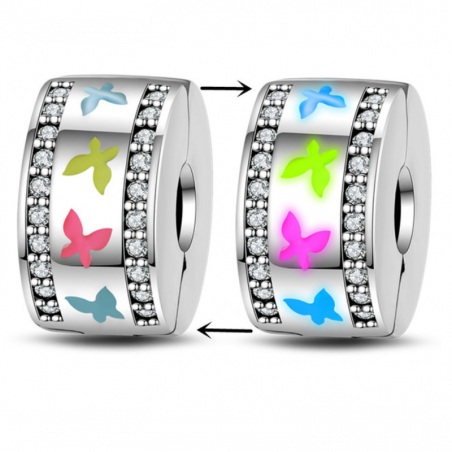 Charm séparateur clip phosphorescent papillon rose bleu vert argent pour bracelet