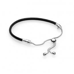 Bracelet pour charm cuir noir ajustable boule strass argent