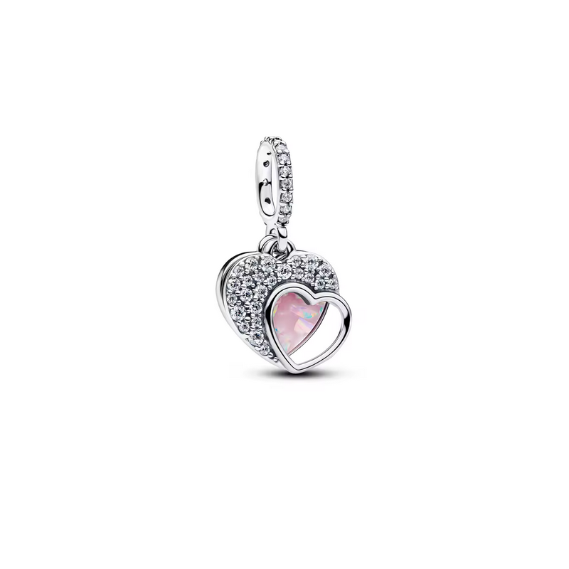 Charm double coeur pierre rose blanche argent pour bracelet