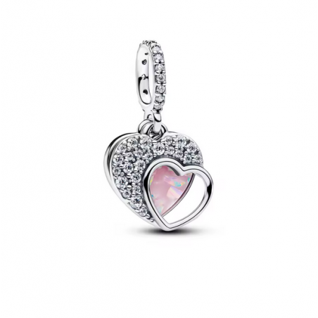 Charm double coeur pierre rose blanche argent pour bracelet
