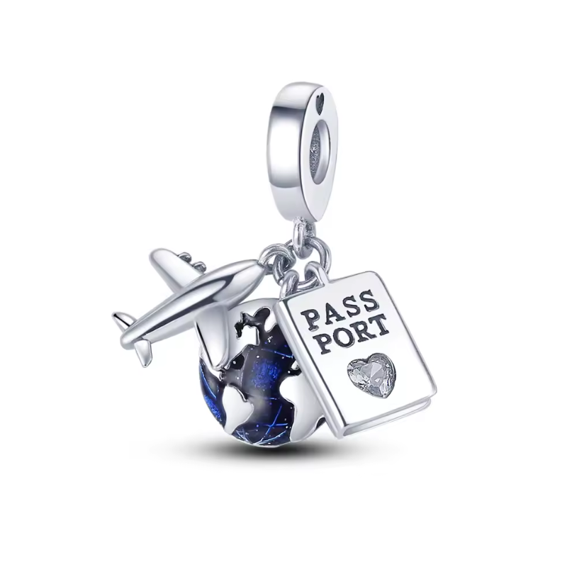 Charm avion planète terre passeport voyage argent pour bracelet