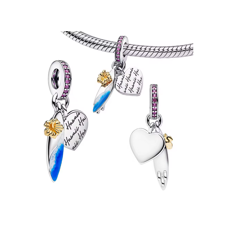 Charm planche de surf coeur hawaï fleur argent pour bracelet