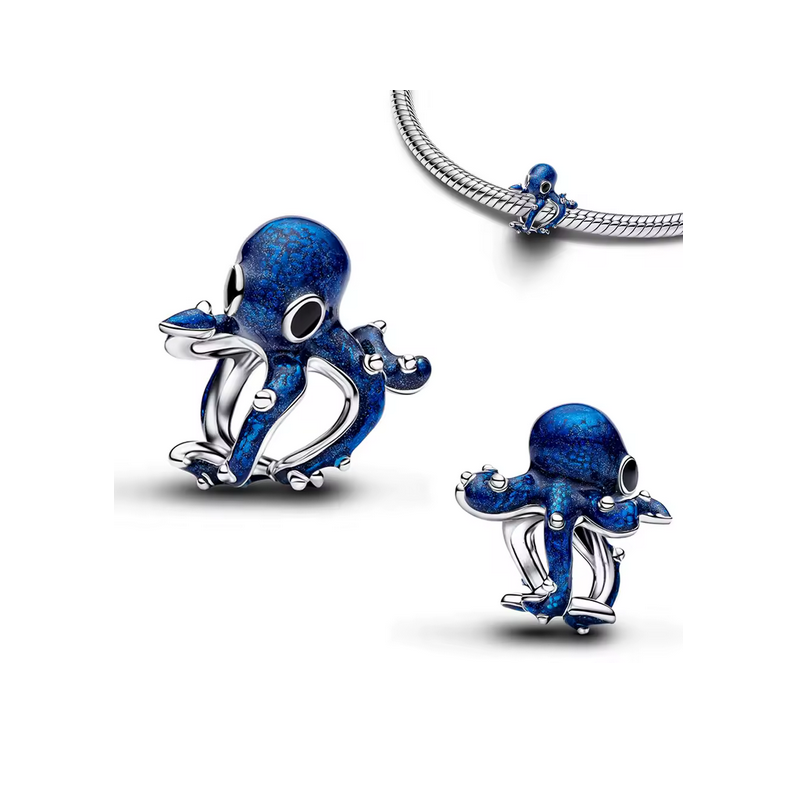 Charm pieuvre enroulée bleu argent pour bracelet