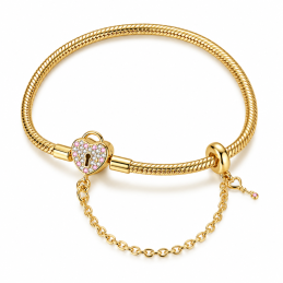 Bracelet pour charm doré coeur cadenas strass rose avec chaine chevron