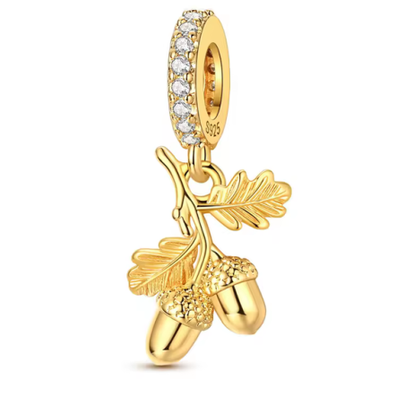 Charm feuille et gland doré strass blanc pour bracelet