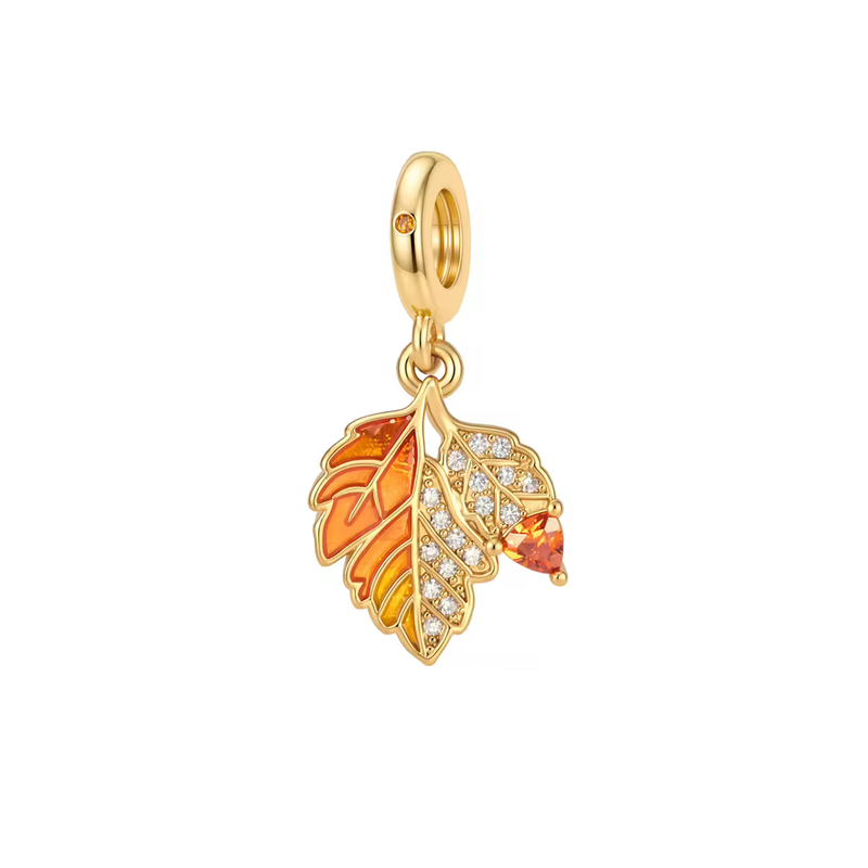 Charm feuille automne doré strass blanc pour bracelet
