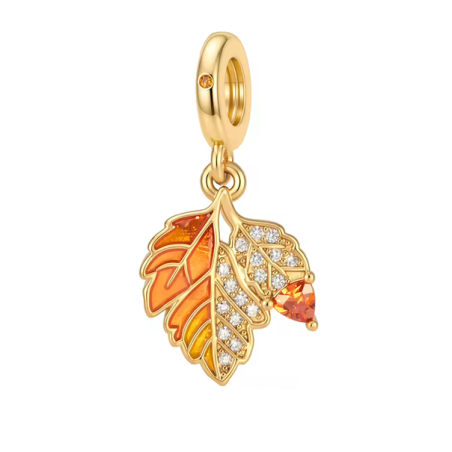 Charm feuille automne doré strass blanc pour bracelet