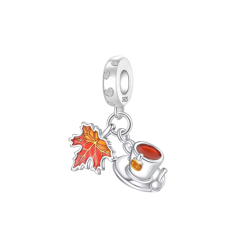 Charm tasse de thé et feuille automne pour bracelet