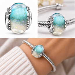 Charm murano bleu blanc nacré plume pour bracelet