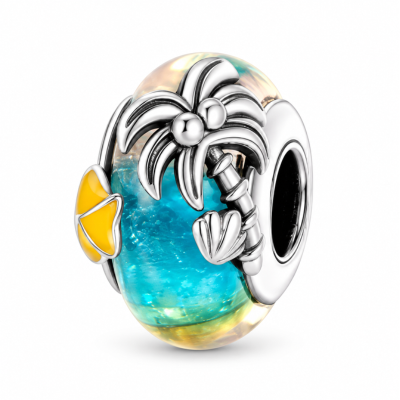 Charm verre palmier étoile de mer bleu jaune pour bracelet