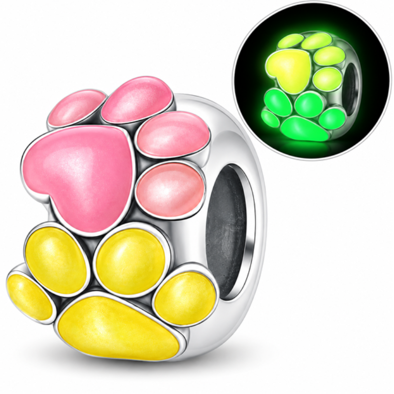 Charm séparateur espaceur phosphorescent patte de chien rose jaune pour bracelet